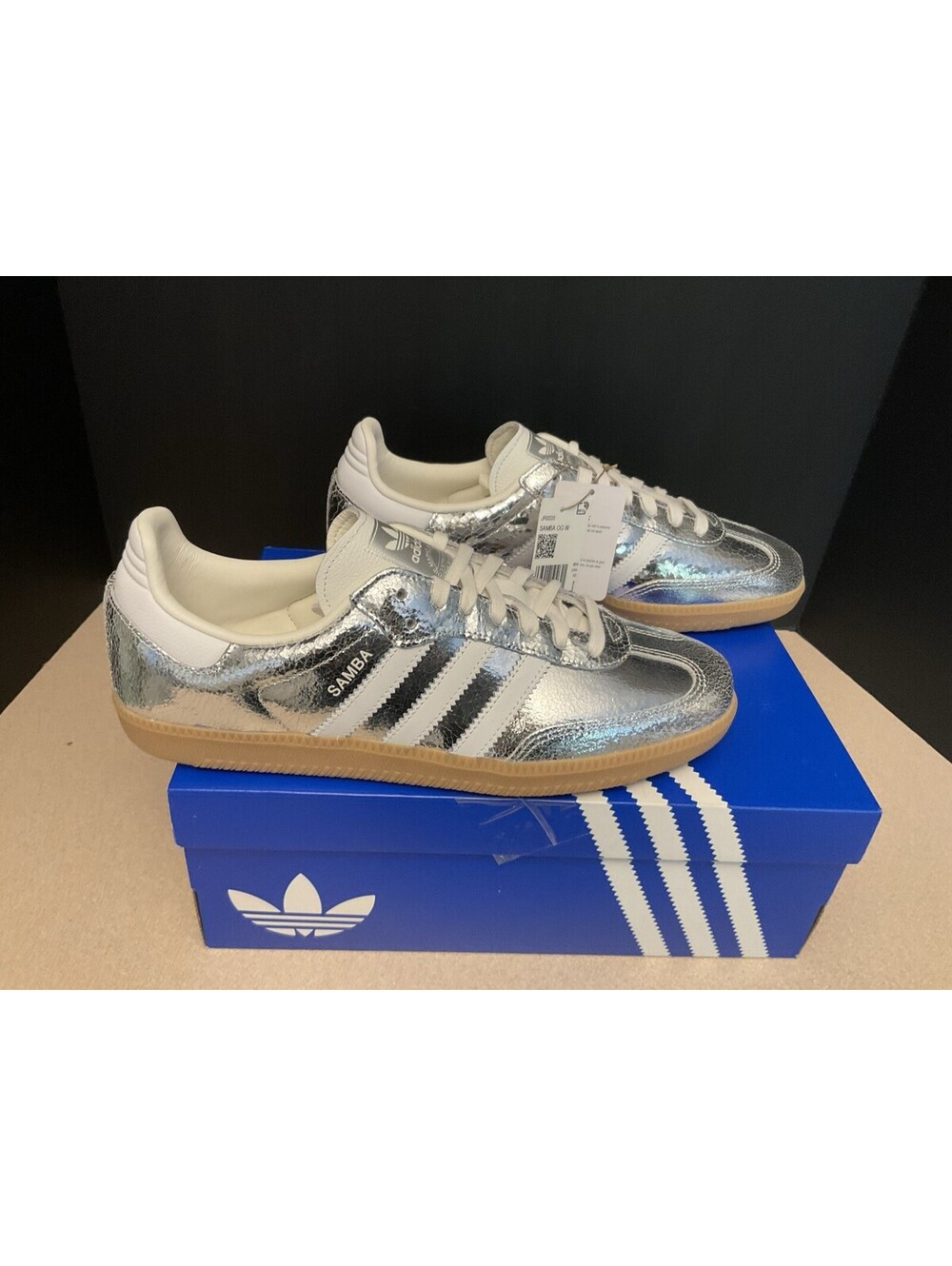 New! Womens Adidas Samba OG Silver Metallic Cracked Leather Shoes. Size 11.5.